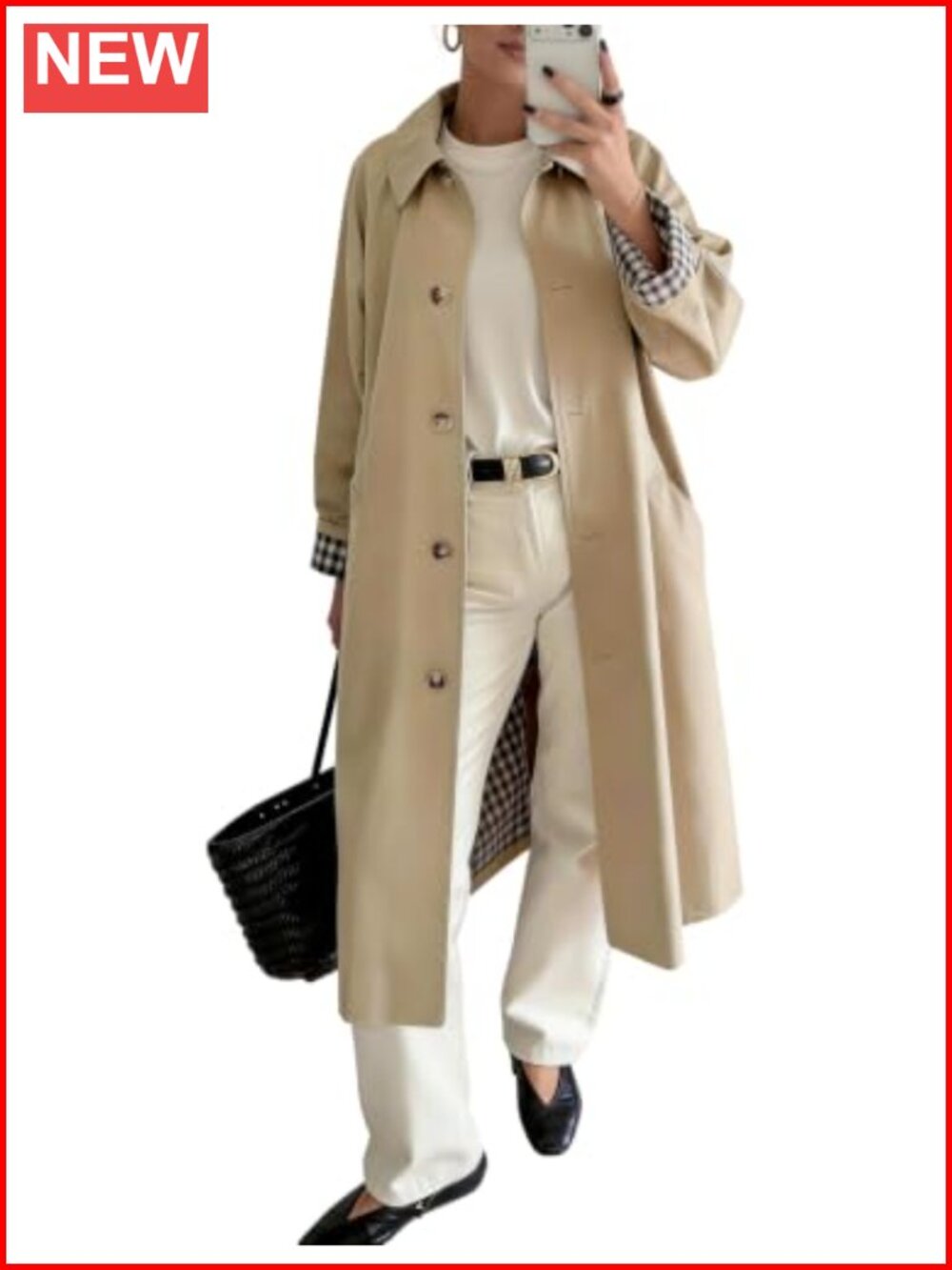 Oversized Long Trench Coat Windproof Plaid Lining Overcoat